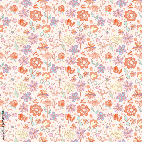 Red-pink with yellow seamless pattern with cartoon flowers