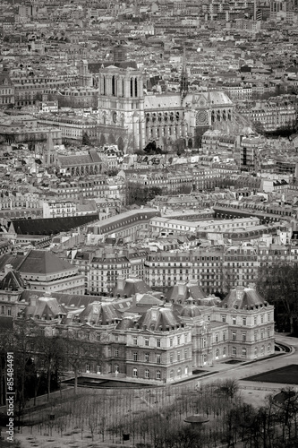 Aerial view of Paris rooftops with Notre Dame Cathedral, France