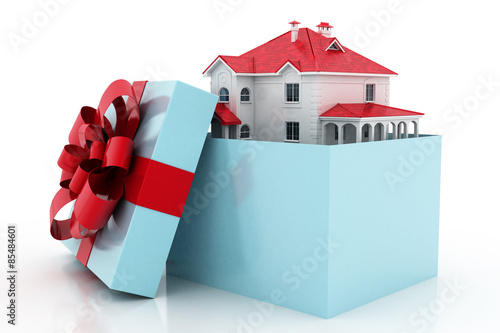 The house is in a gift box. Ribbon and bow on the box. 3D.