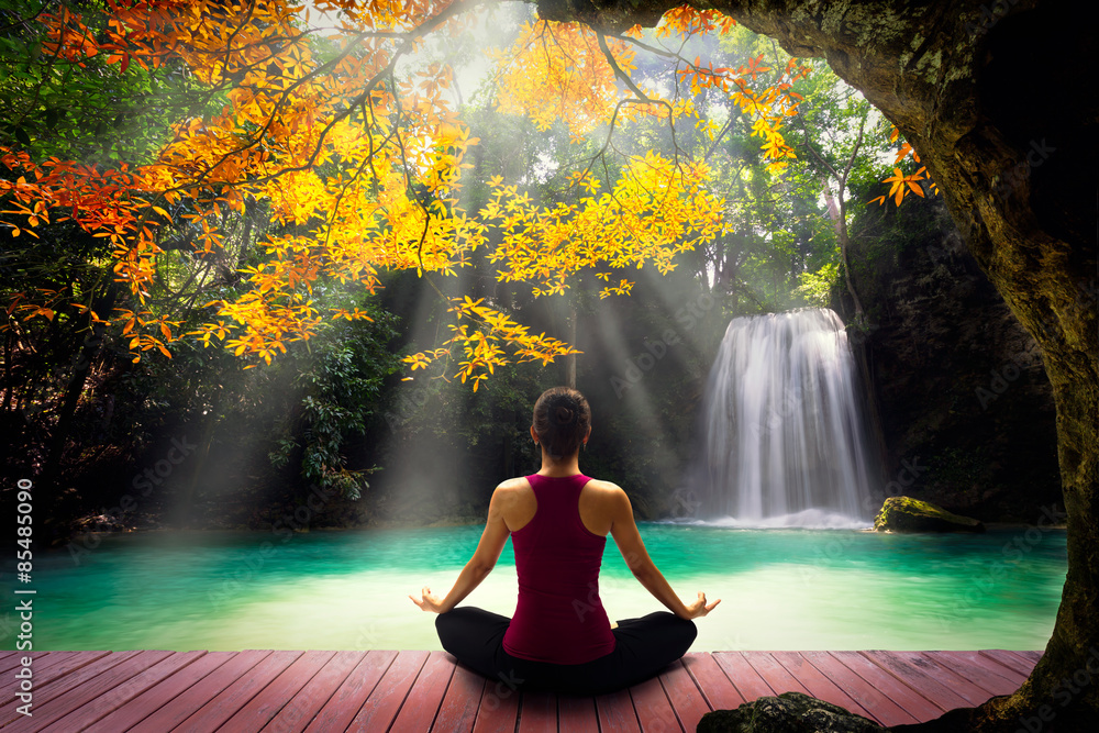 Naklejka Young woman in yoga pose sitting near waterfall, Rear view