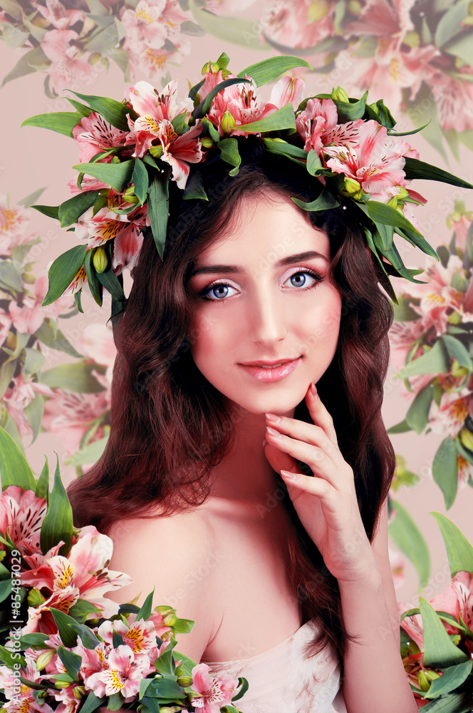 Fototapeta premium Young woman wearing pink flowers on her head