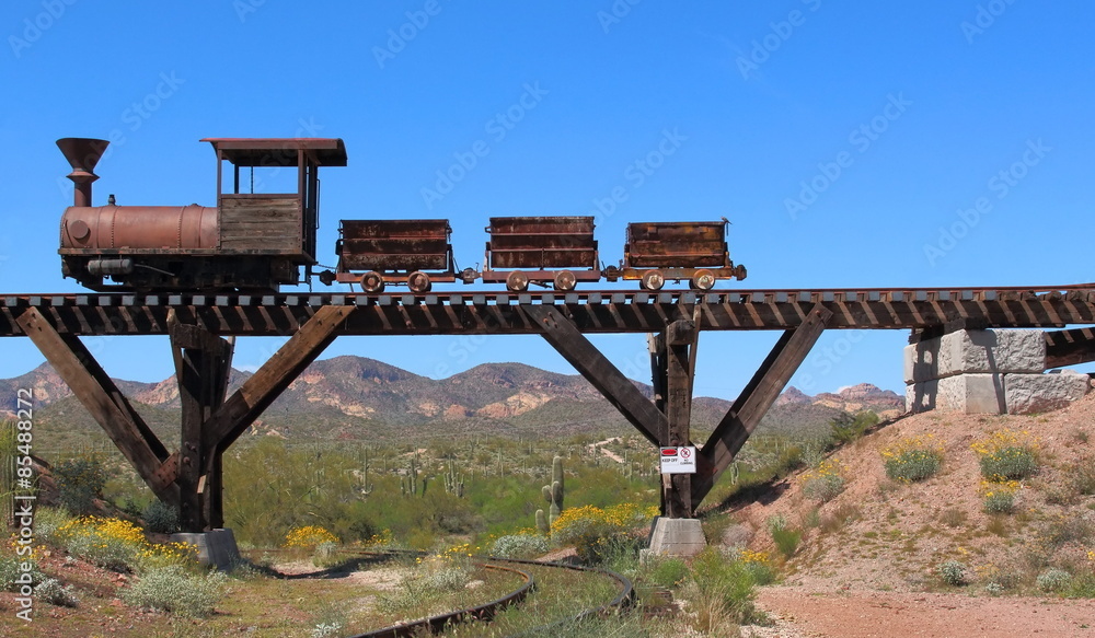 Old Wild West train with mining carts passing over an old wooden bridge with mountains, cactus and wild flowers in background Old Wild West train with mining carts passing over an old wooden bridge with mountains, cactus and wild flowers in background