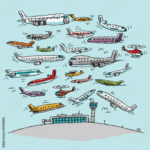 Cartoon airplanes and jets crowd the airspace at a busy airport.