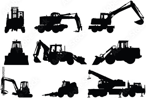 Collection of silhouettes of construction machinery  and vehicles such as a crane, bulldozer, trailer, jackhammer.