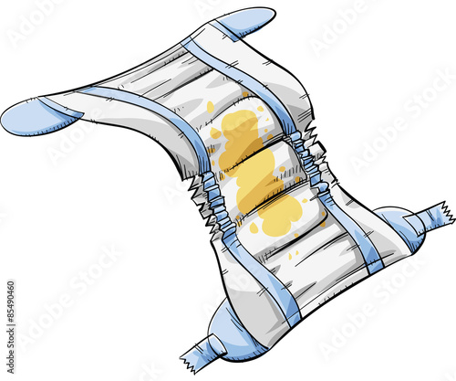 An open wet, cartoon baby diaper stained with yellow pee.