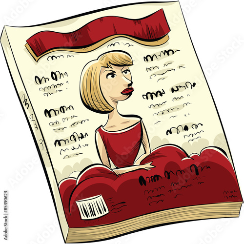 A cartoon fashion magazine with a woman in red on the cover.
