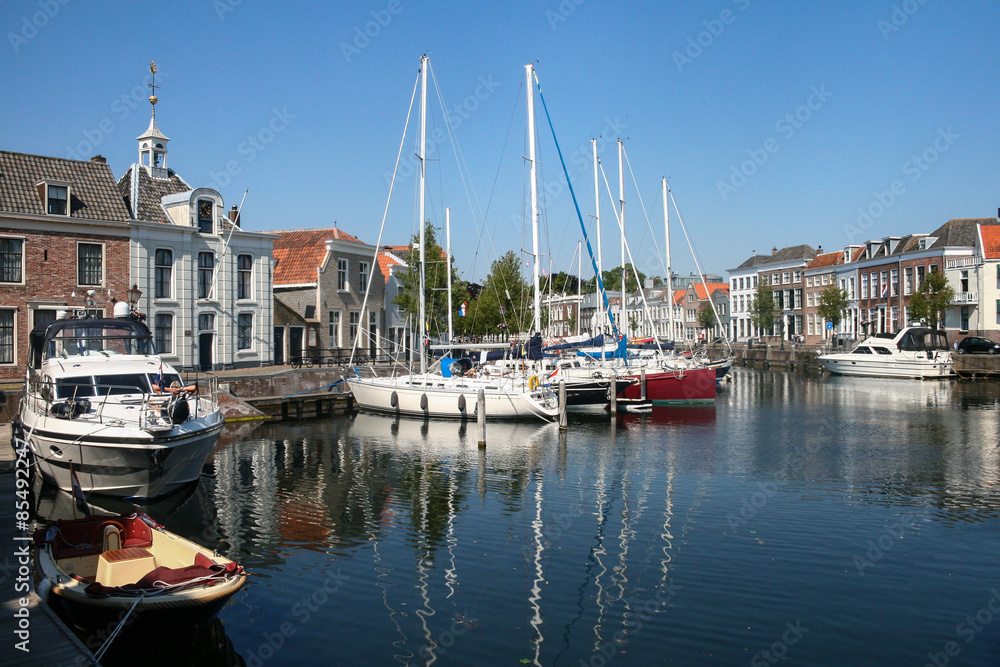 Sailboats at the dock. Dutch landscape.