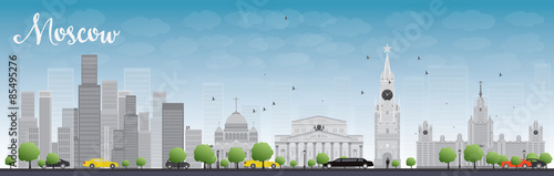 Moscow skyline with grey buildings and blue sky