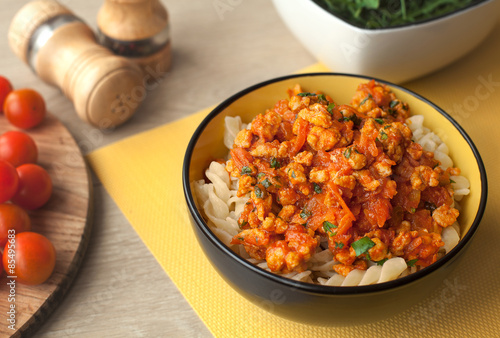 pasta bolognese tomato beef sauce on the kitchen table