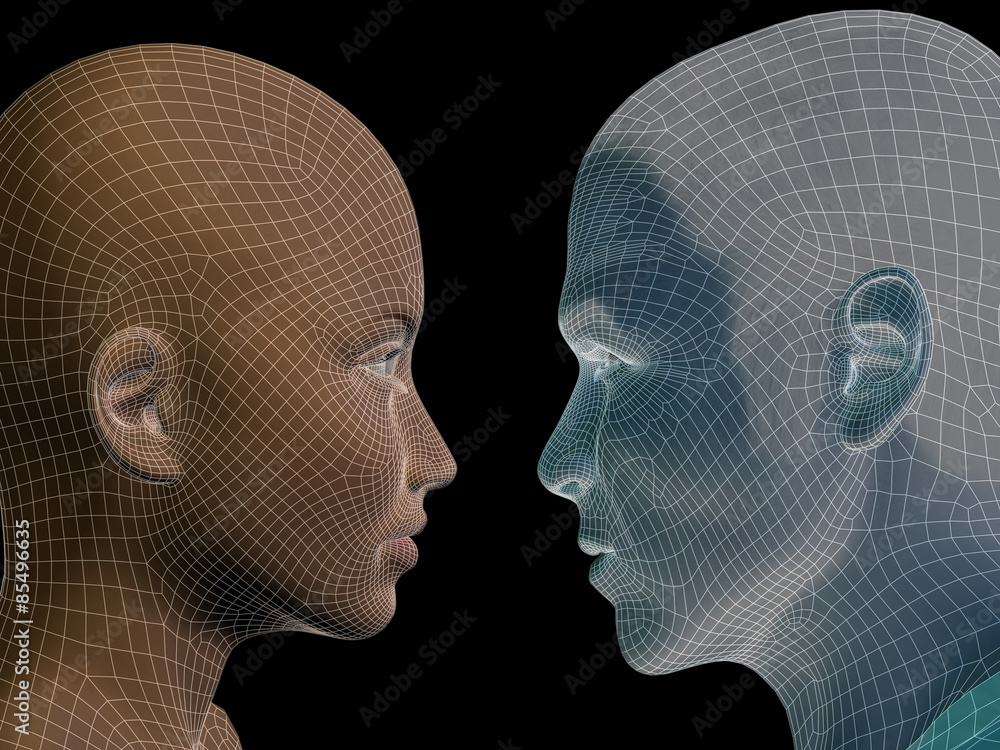 Conceptual wireframe mesh man woman face Conceptual wireframe mesh man woman face