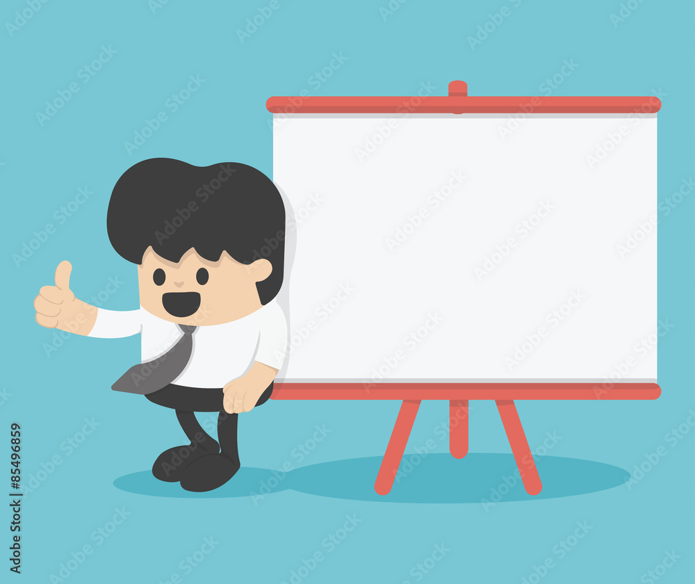 Cartoon Businessman with thumb up leaning against blank billboar Cartoon Businessman with thumb up leaning against blank billboar
