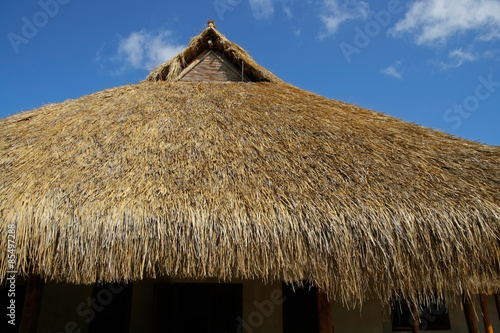 Fotografie Traditional African thatched roof agaisn a blue sky