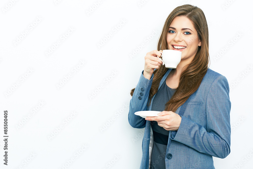Business woman portrait with cup and saucer , isolated. Business woman portrait with cup and saucer , isolated.
