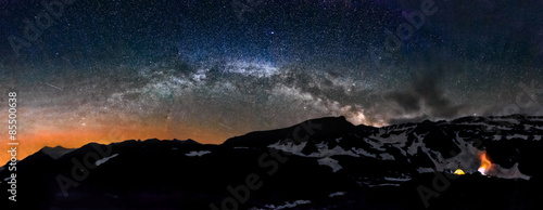 Camping in tent at night under Milky Way stars panorama