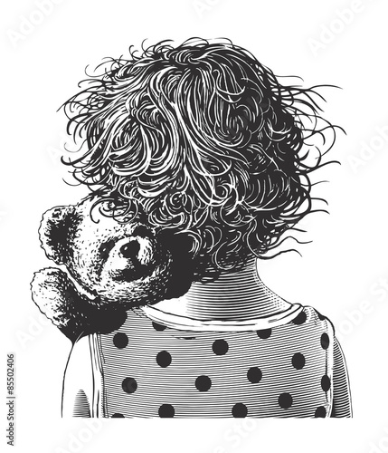 Little girl with teddy bear in engraving style. Vector illustration on transparent background.