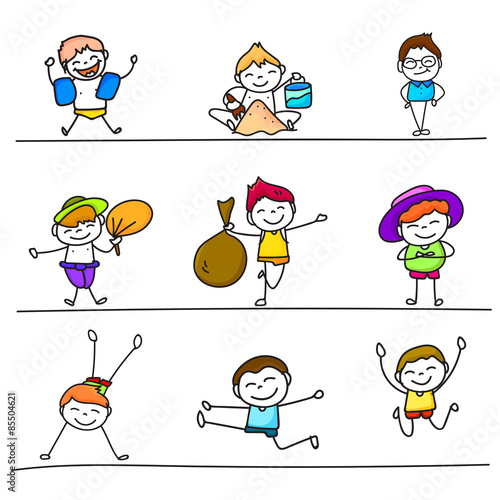 set of colorful hand drawing cartoon happy kids