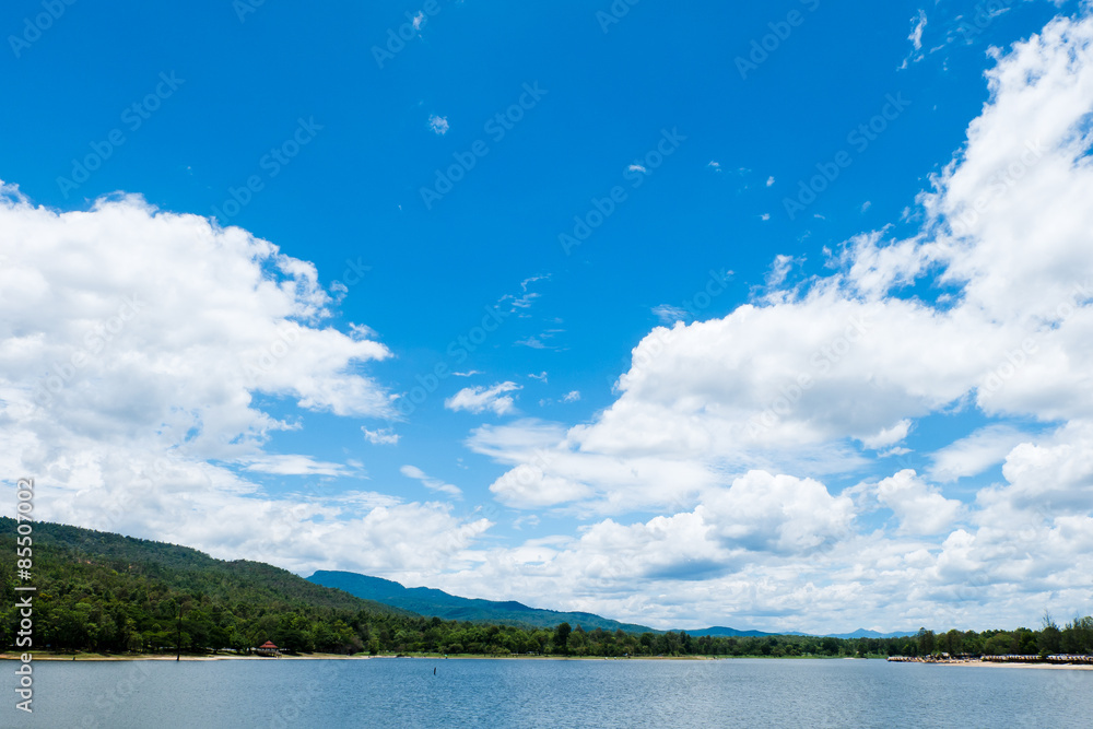 Clear sky with clouds over the lake