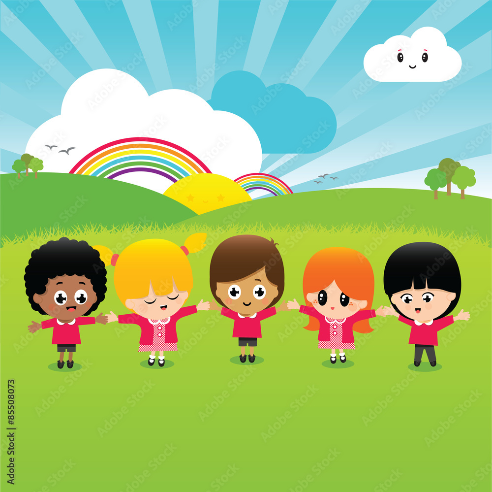 Vector Illustration of happy school children playing outside