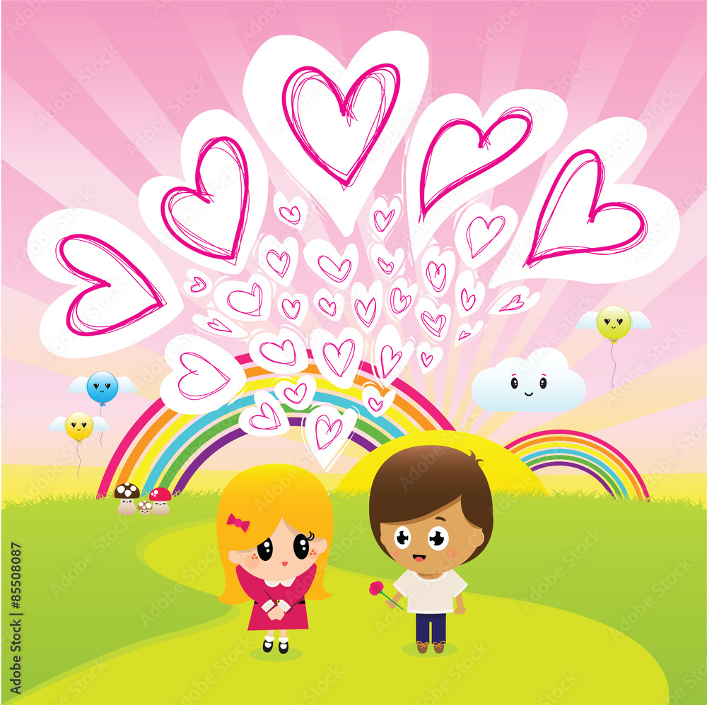 Vector Illustration of a Young happy couple with hand drawn love hearts on a romantic path with sunshine and rainbows Vector Illustration of a Young happy couple with hand drawn love hearts on a romantic path with sunshine and rainbows