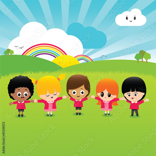 Vector Illustration of happy school children playing outside