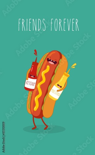 Hot dog, mustard and ketchup. Vector cartoon. Fast food. Friends forever.