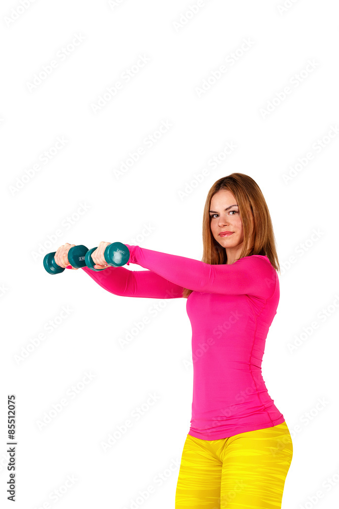 Sportswoman doing swings with dumbbells. Sportswoman doing swings with dumbbells.