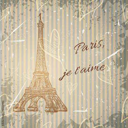 Vintage poster with Eiffel Tower on the grunge background. Retro hand drawn vector illustration in sketch style ' I love Paris'