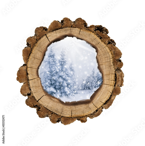 Holzscheibe gefüllt mit Verschneiten Tannenbäumen