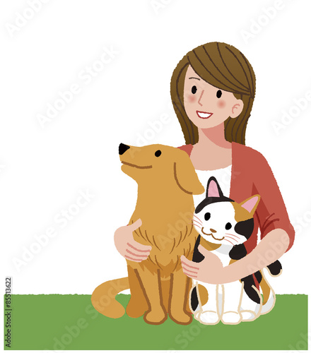 犬 猫 女性 ペット A woman looking up with furry friends