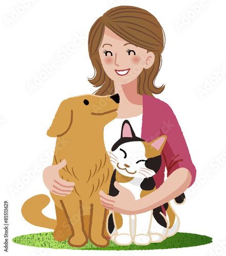 犬 猫 女性 ペット A woman smiling with furry friends