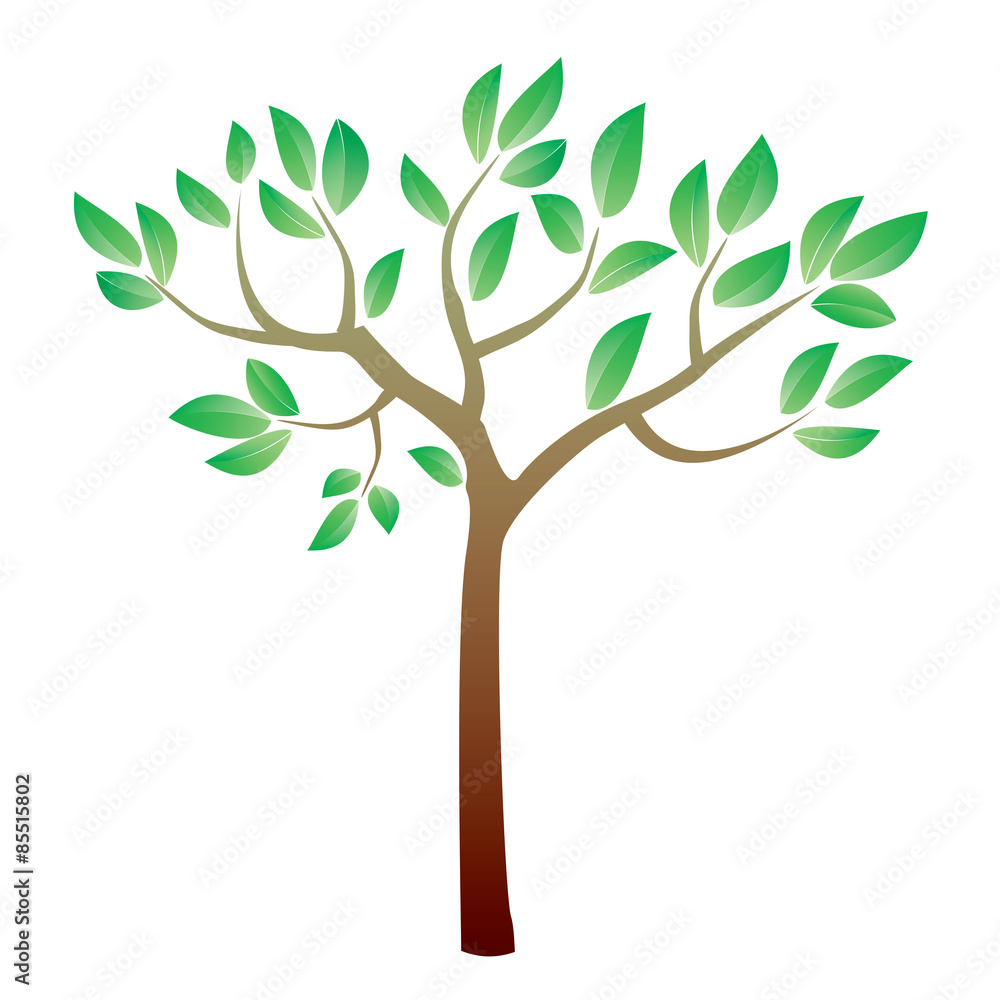 Color tree and green leafs. Vector Illustration.