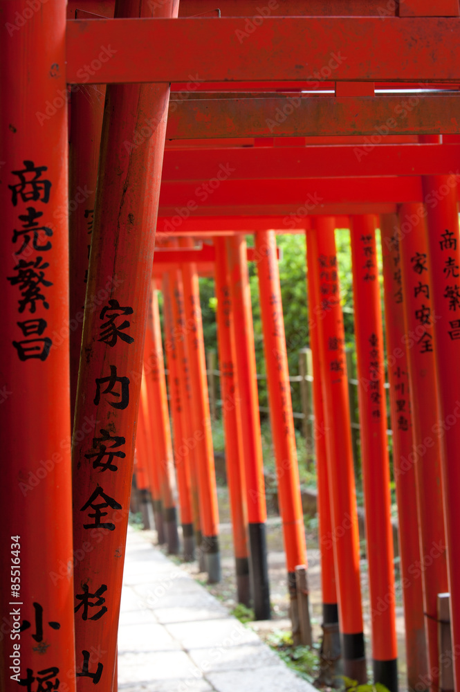 Torii gates at Nezu shrine in Nezu, Tokyo, Japan Torii gates at Nezu shrine in Nezu, Tokyo, Japan