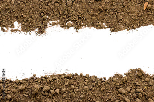 Dirty earth on white background. Natural soil texture photo