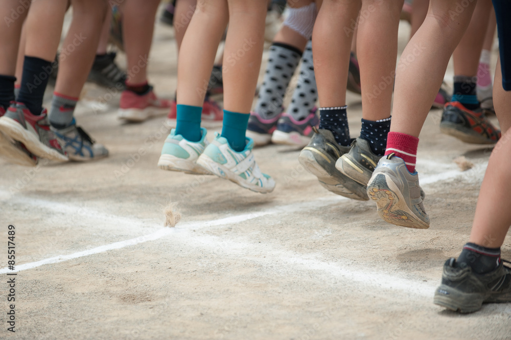 Kids jumping during Japanese elementary school sports day in Tokyo, Japan