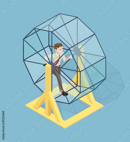 Stressed businessman running in the rat wheel