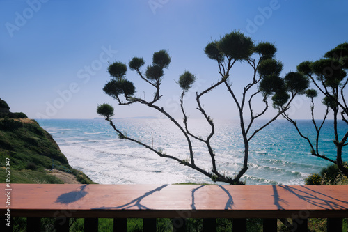 Cafe on Logas Sunset beach, Perulades, Corfu island, Greece photo