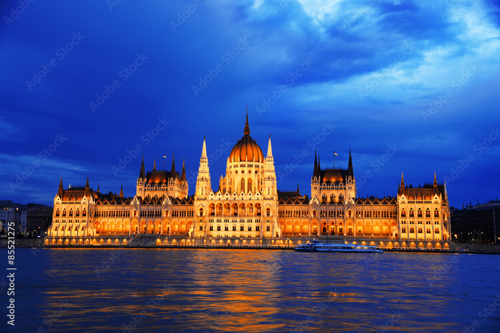 Hungarian Parliament Building in Budapest by night