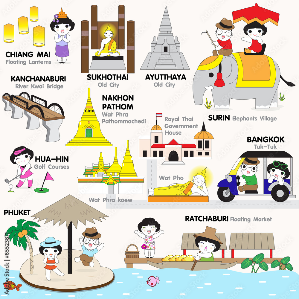 Fototapeta premium Thailand Nationwide Tourist Attractions illustration set