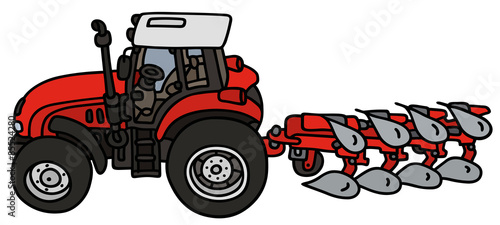 Hand drawing of a red tractor with the plow - not a real model