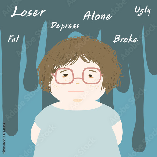 fat woman sad and think negative vector
