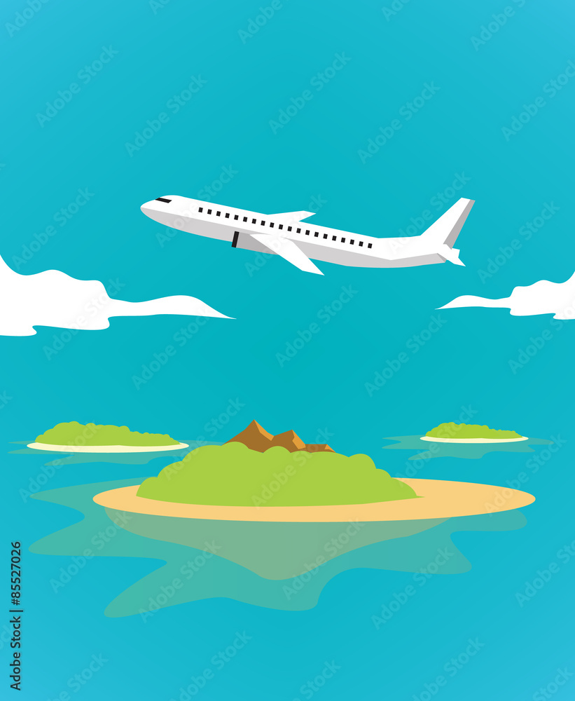 Plane over the tropical island.  flat design elements. vector