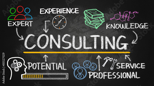 consulting chart with business elements on blackboard photo
