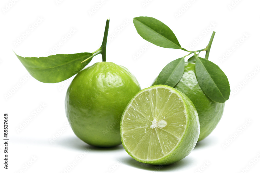  Limes with leaves isolated on white background