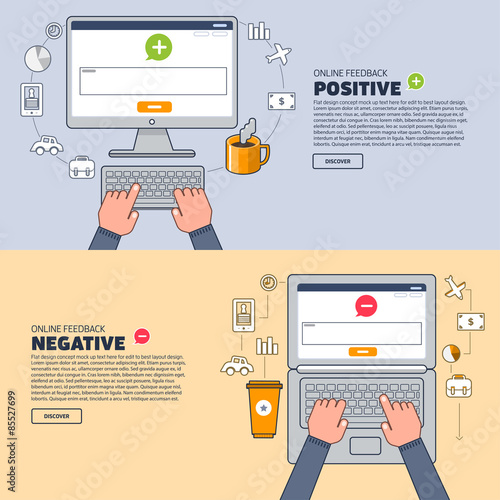 Business hand text to keyboard computer. Vector illustration of positive and negative feedback concept. Minimal and flat design
