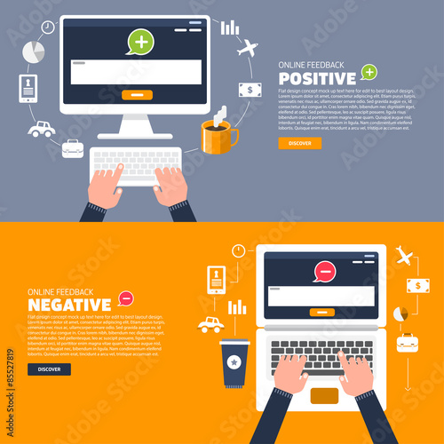 Business hand text to keyboard computer. Vector illustration of positive and negative feedback concept. Minimal and flat design
