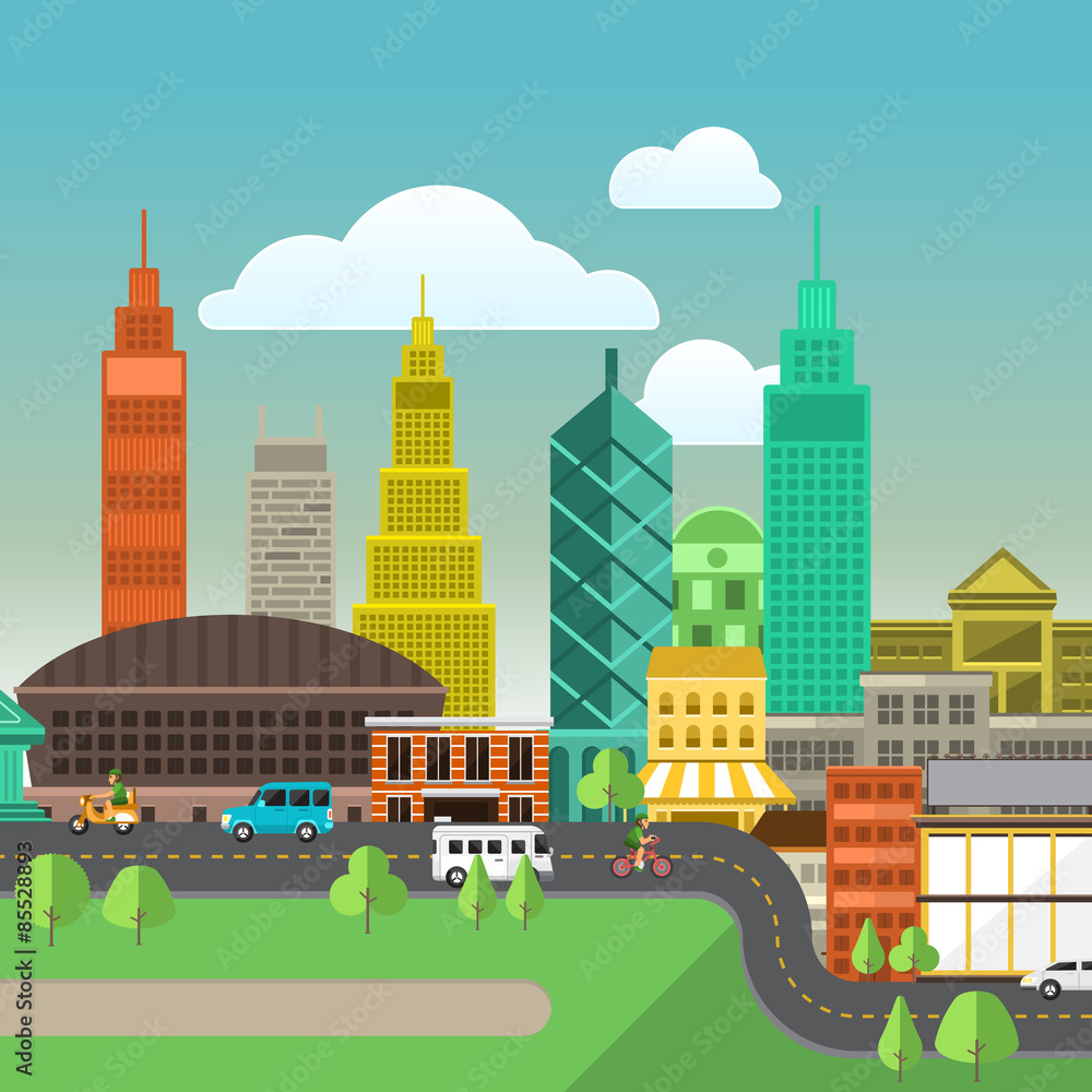 Flat design concept city landscape have sky, tree, road, and building.Vector illustrate.
