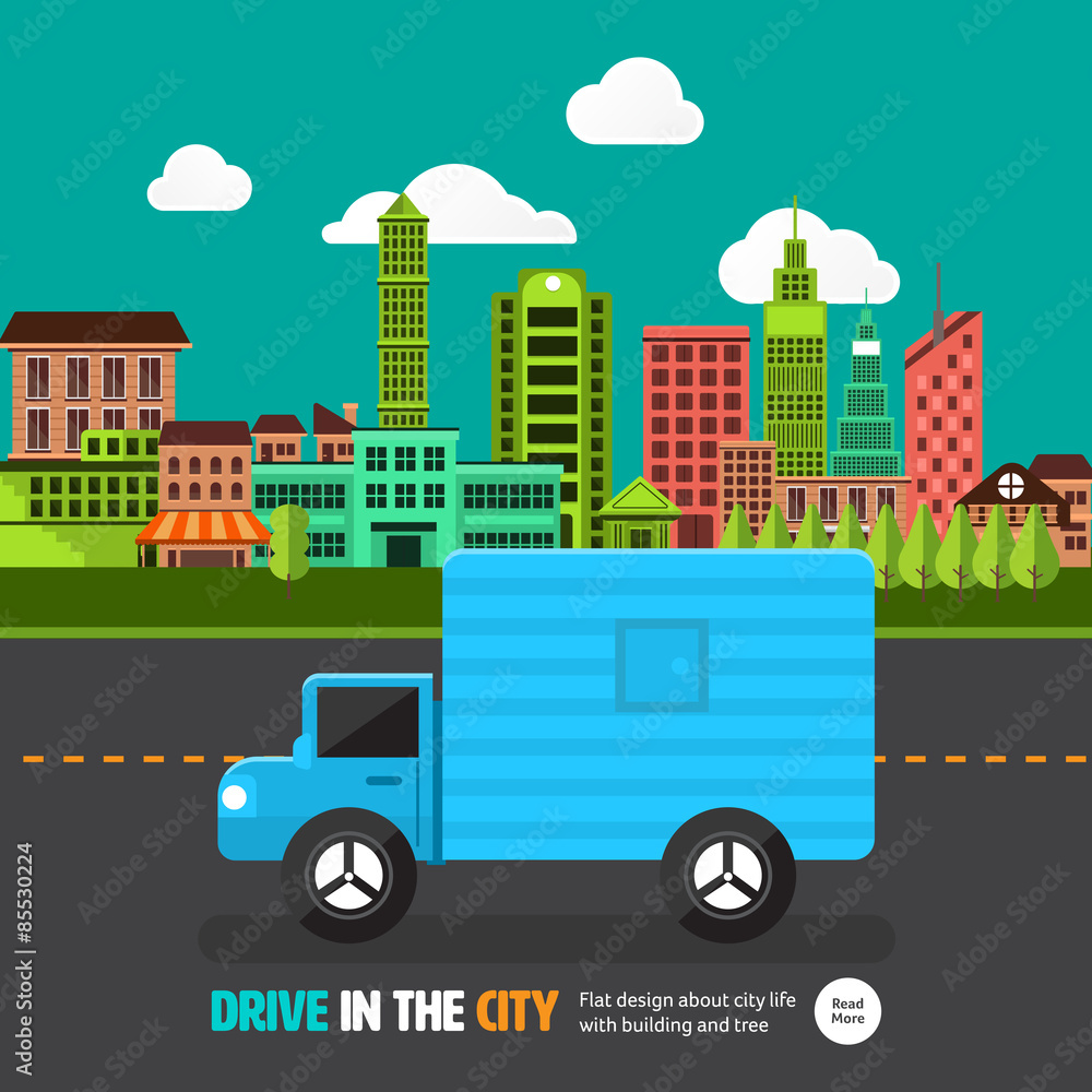 Flat design concept car on the road with city background. Vector illustrate.
Flat design concept car on the road with city background. Vector illustrate.