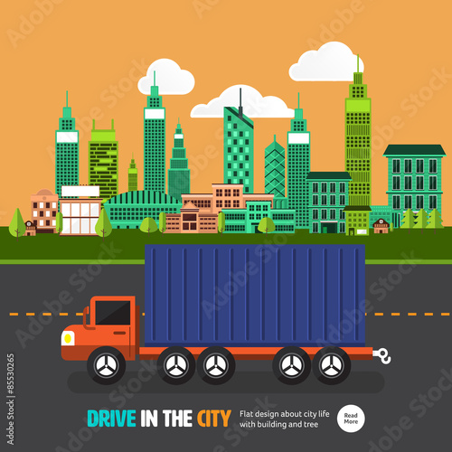 Flat design concept car on the road with city background. Vector illustrate.   © emojoez