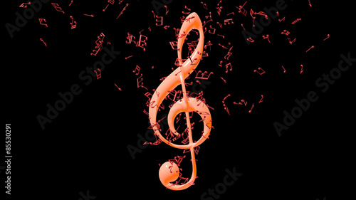 Treble clef with flying notes isolated on black background