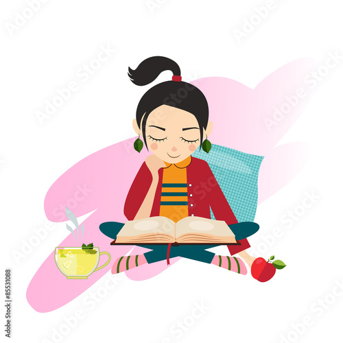 Illustration Young Girl Reading Book 